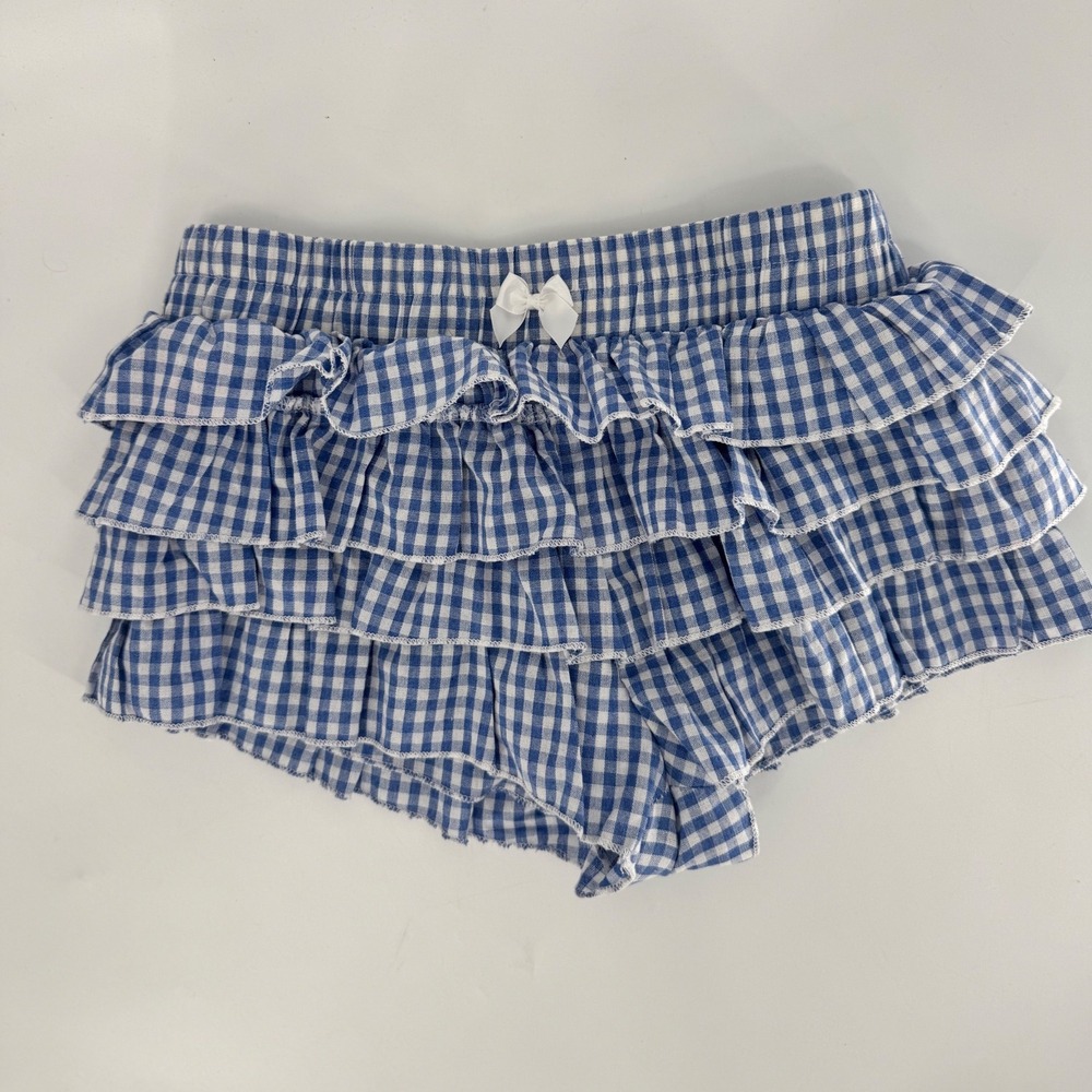 Amazon Ruffle Shorts Women S Blue Gingham Good Condition‎ Tiered Bow Trim